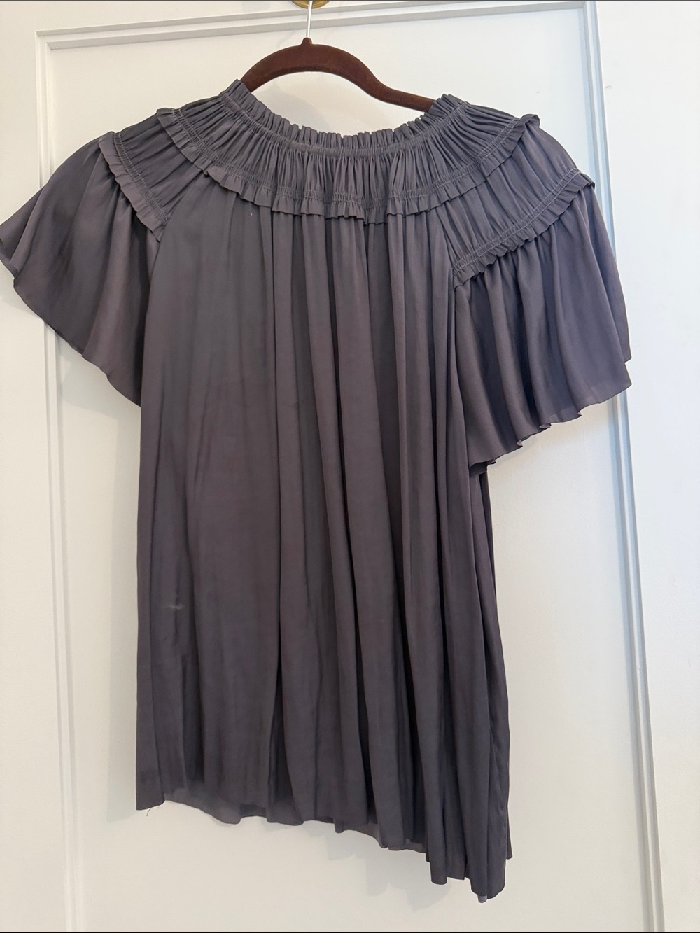 Ulla Johnson Slate Gray Off-Shoulder Pleated Blouse